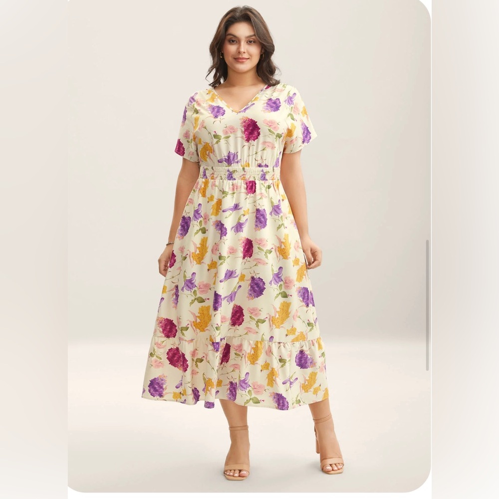 BloomChic Cream Midi Dress with Purple, Pink and Yellow Floral Pattern